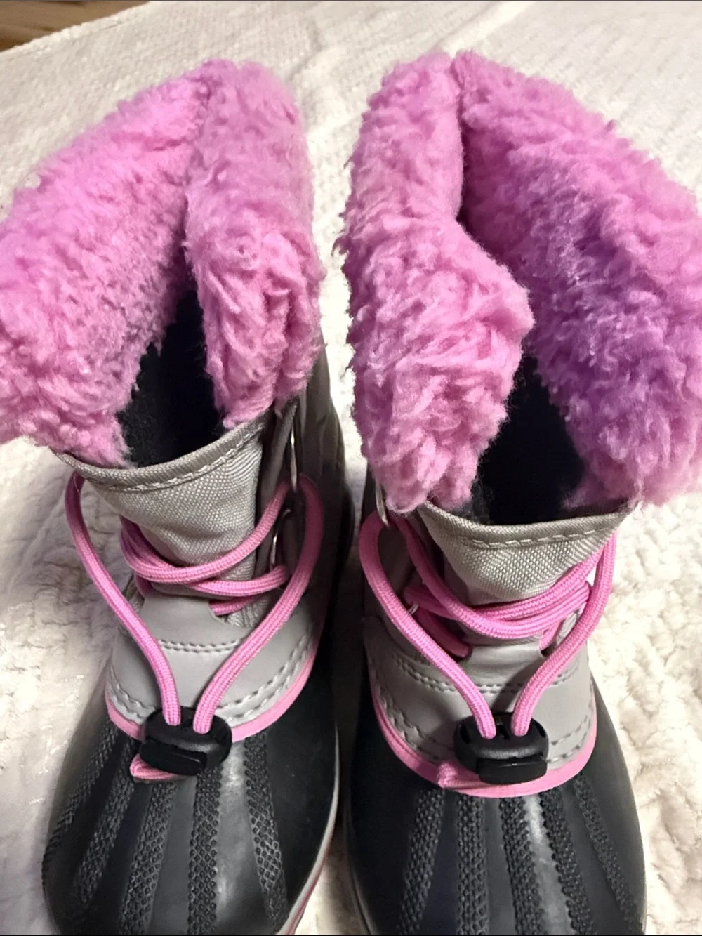 Sorel Kids Gray and Pink Fuzzy Cuff Snow Boot